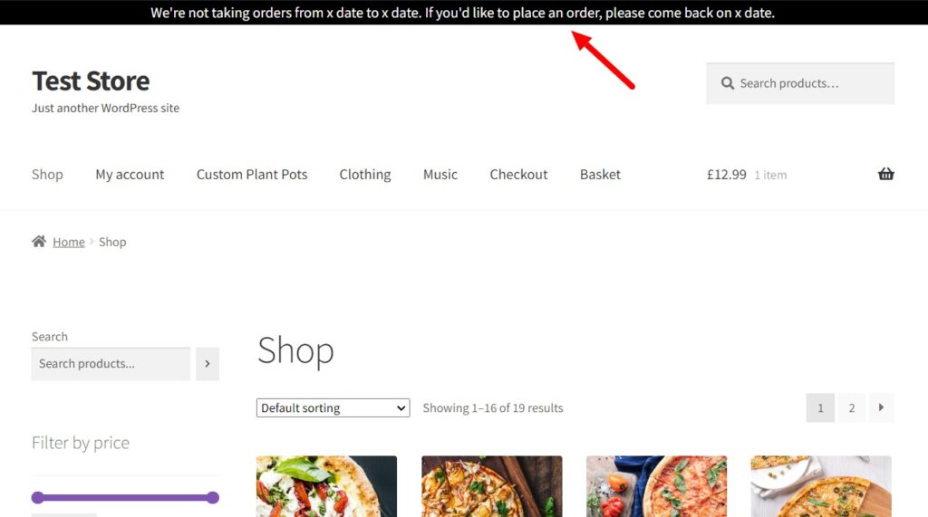 notification bar vacation mode woocommerce