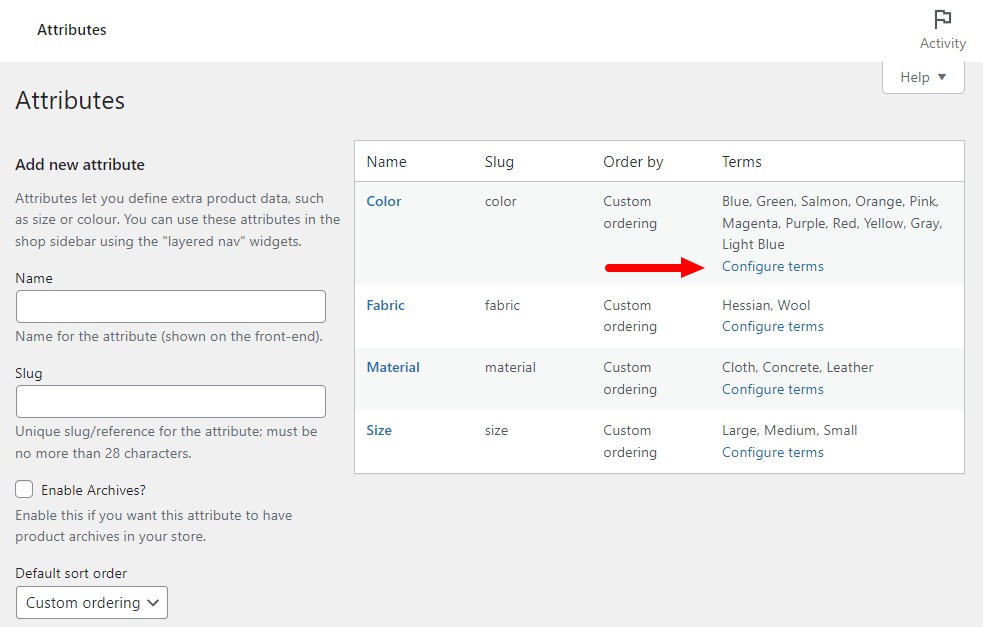 configure terms attribute