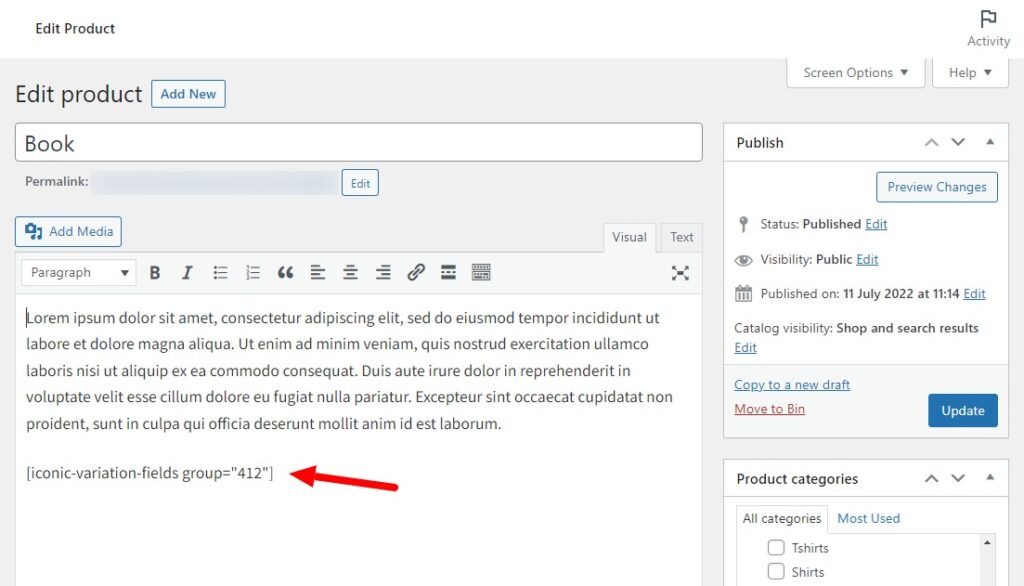 custom field for variation shortcode