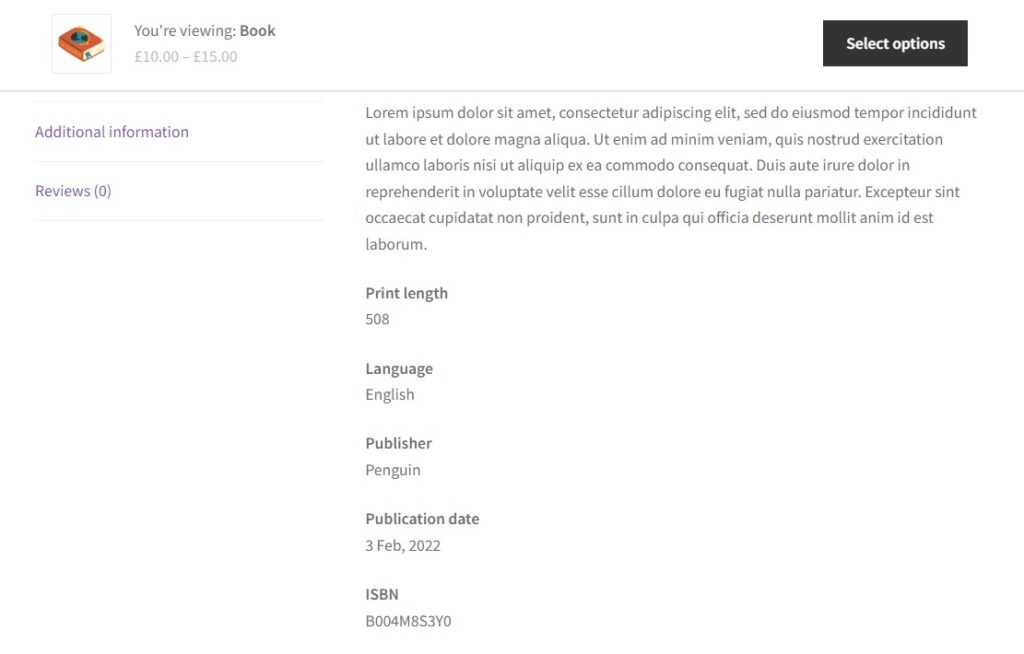 custom field on product page book