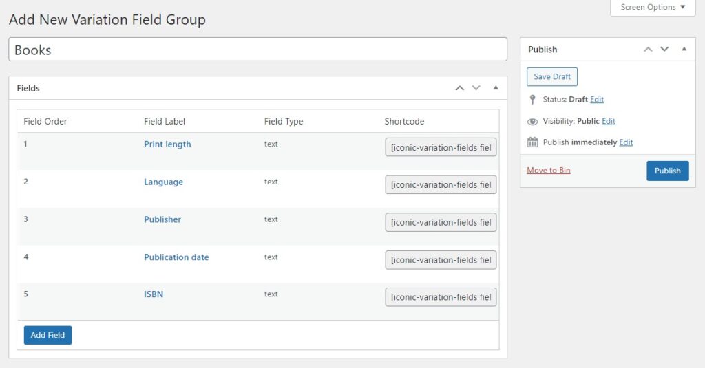 custom fields woocommerce books