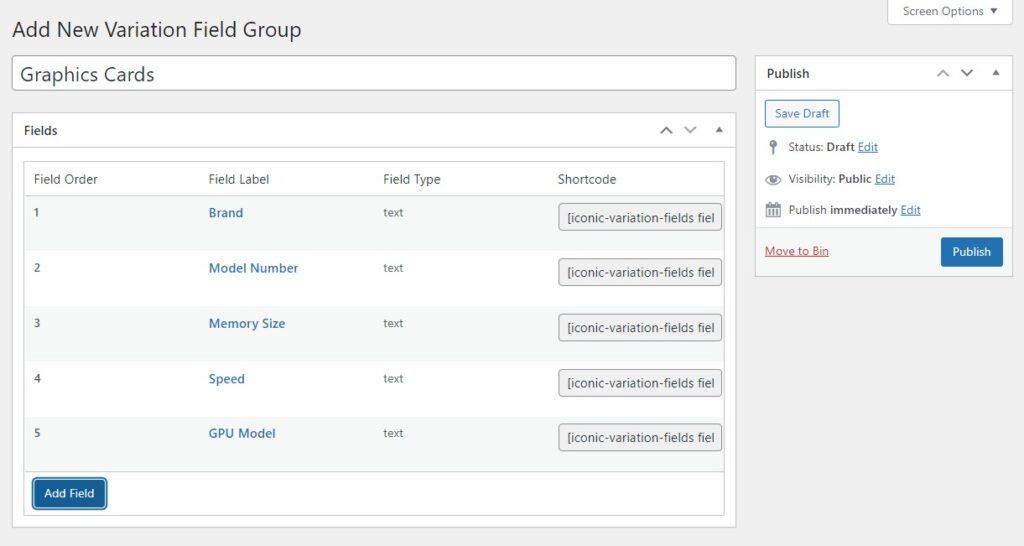 technical custom field for variation