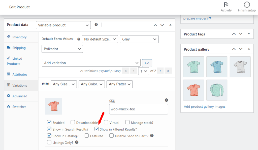 show single variations show in filter
