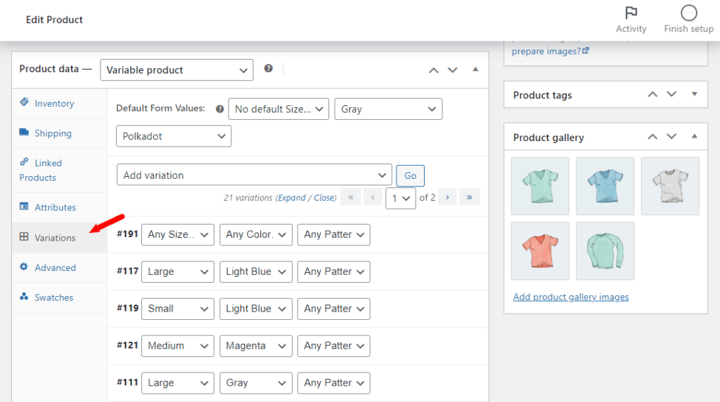 show single variations tab