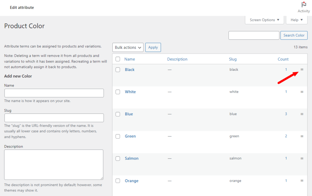 attribute terms drag and drop