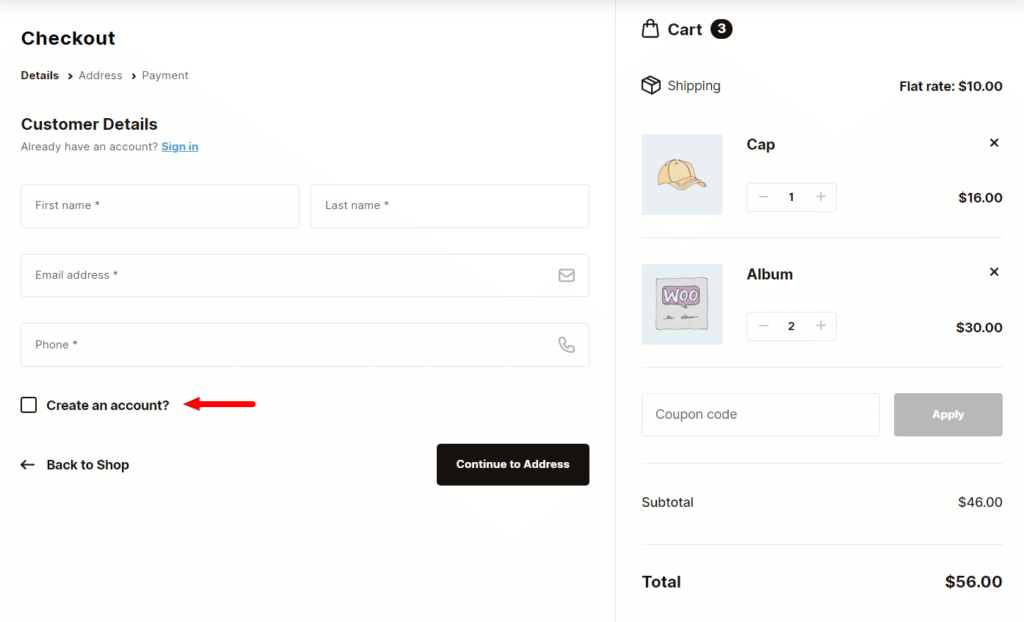 create an account guest checkout