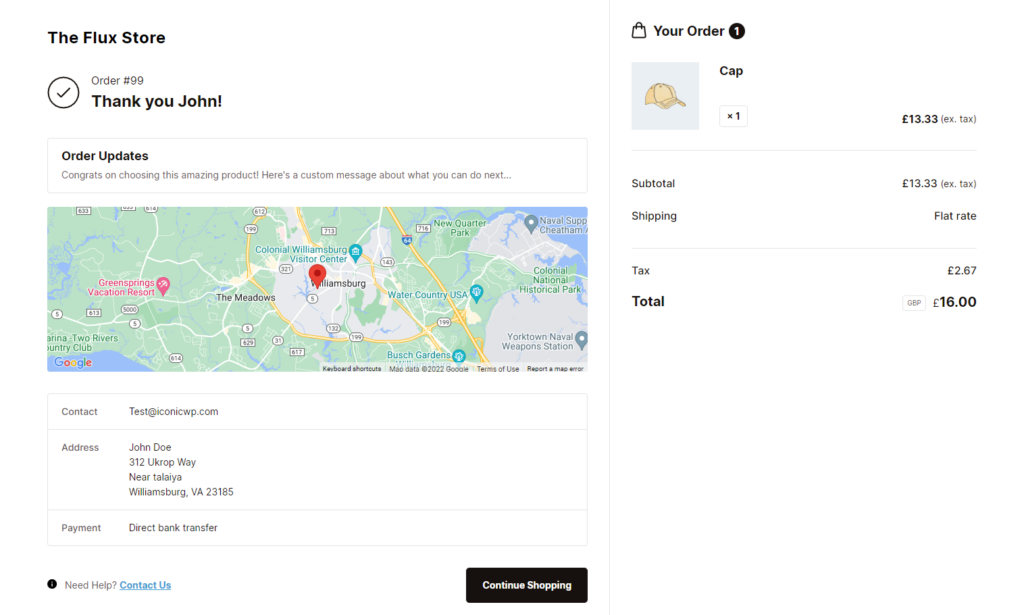 Flux Checkout Thank You page