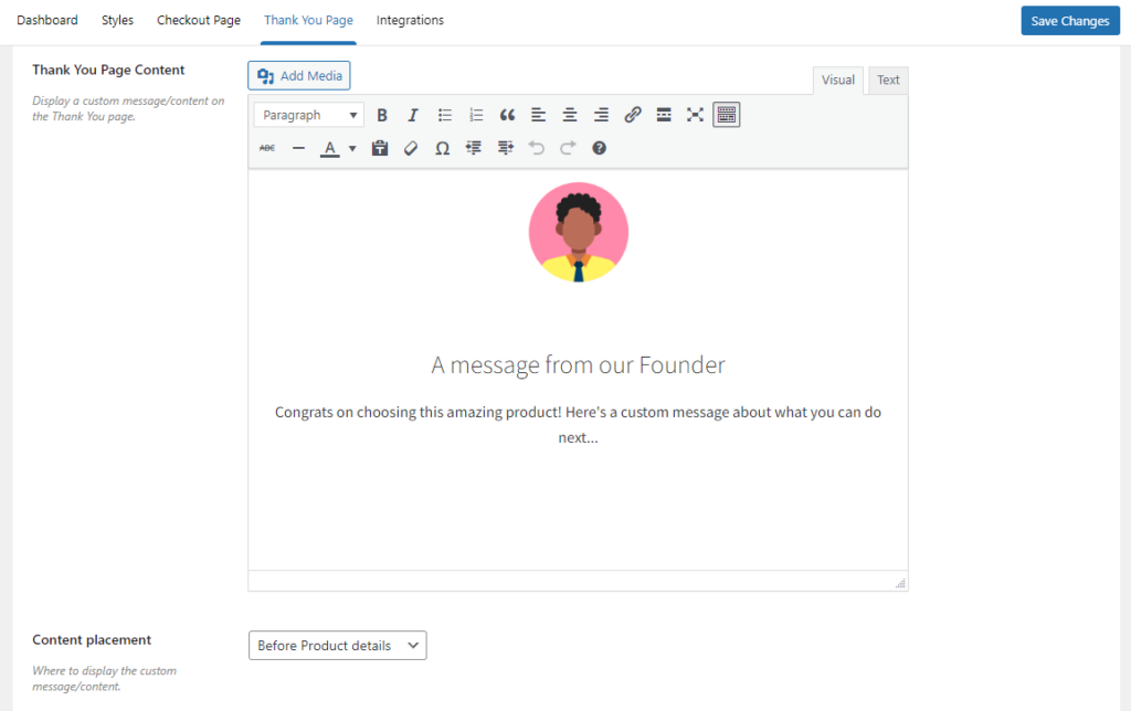 order confirmation page editor section