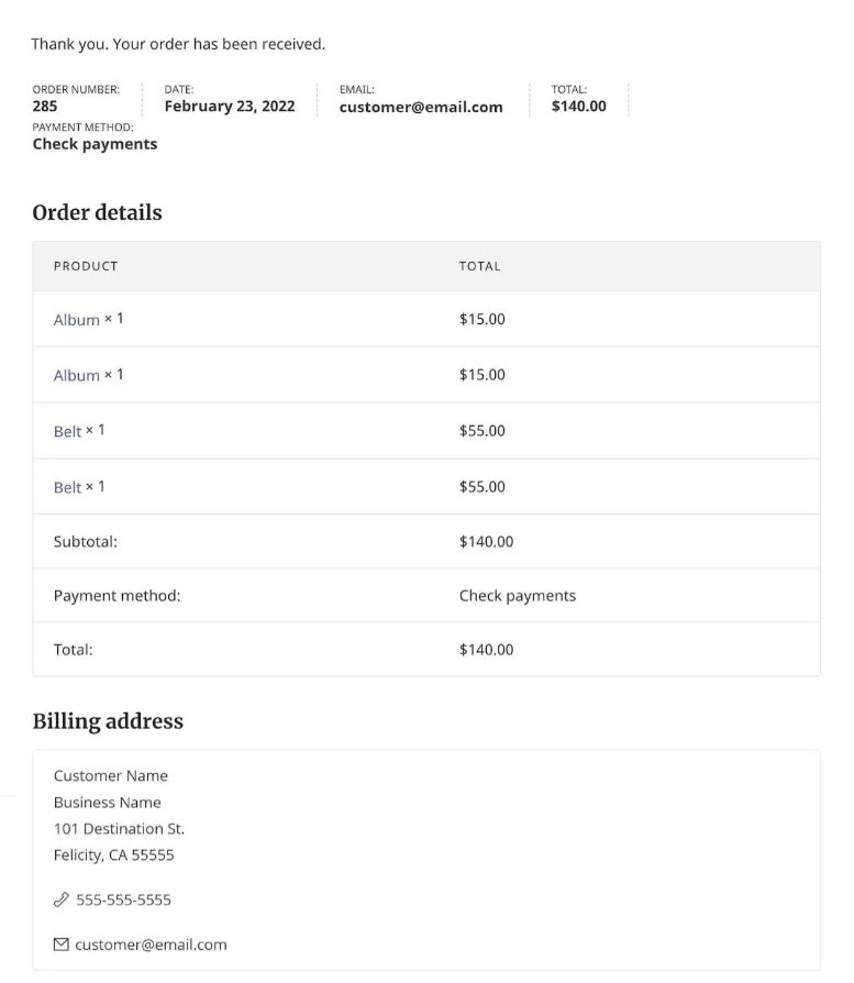 default woocommerce thank you page