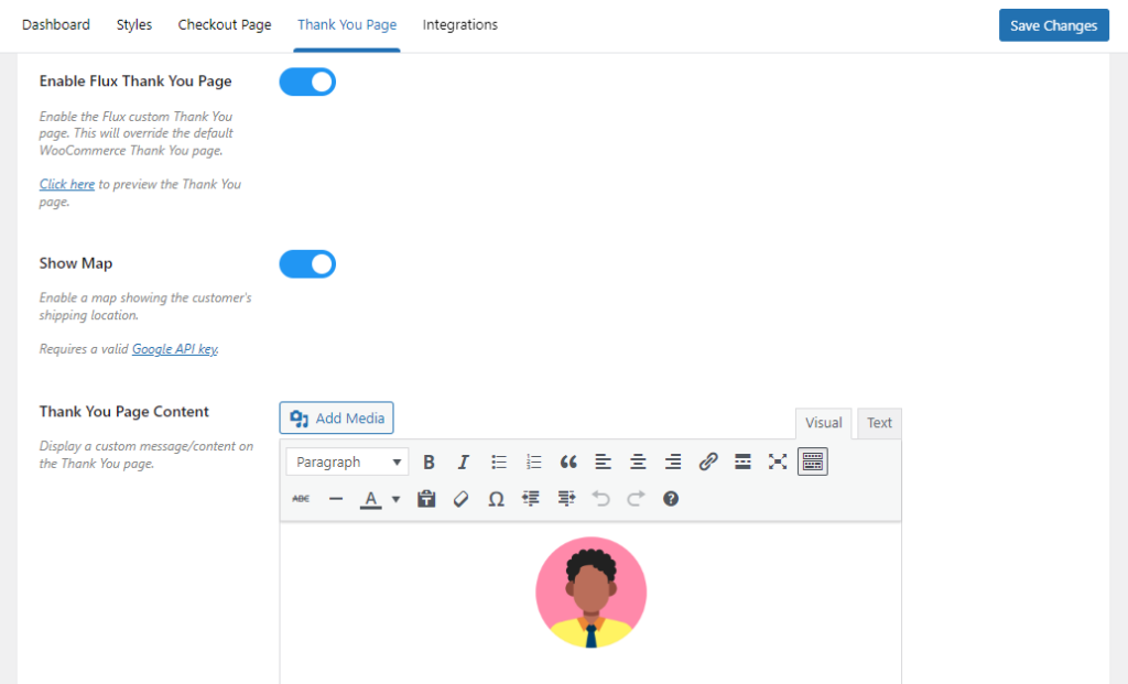 flux checkout thank you page settings