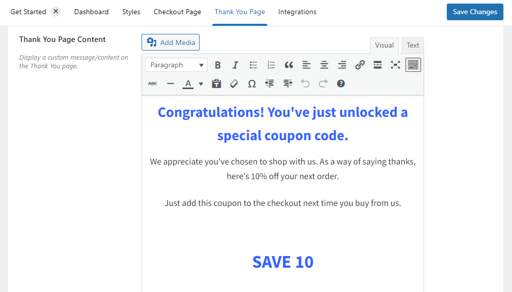 coupon code flux checkout thank you edit