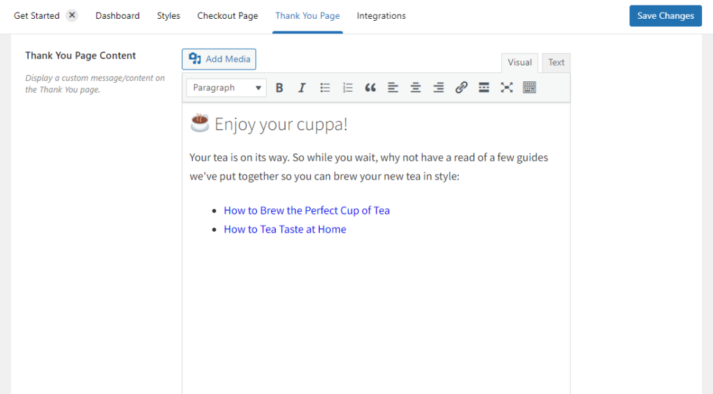 thank you page custom content woocommerce