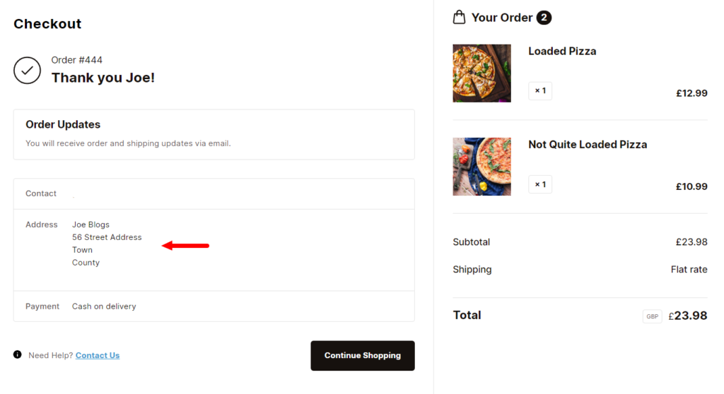 thank you page delivery flux checkout