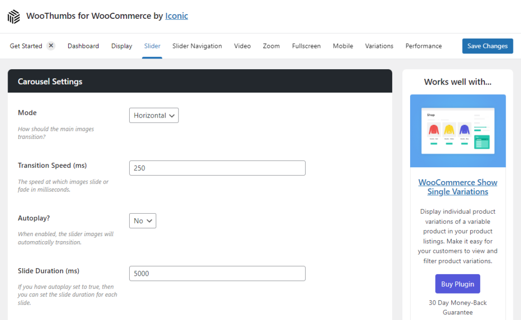 carousel slider gallery settings woothumbs