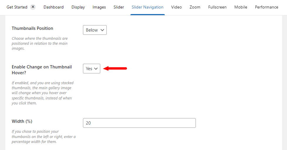enable change on thumbnail hover woothumbs