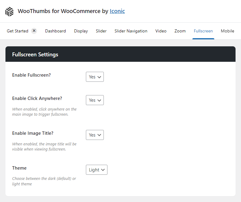 fullscreen lightbox settings woothumbs