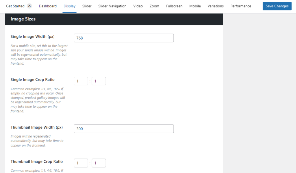 gallery layout image size settings woothumbs