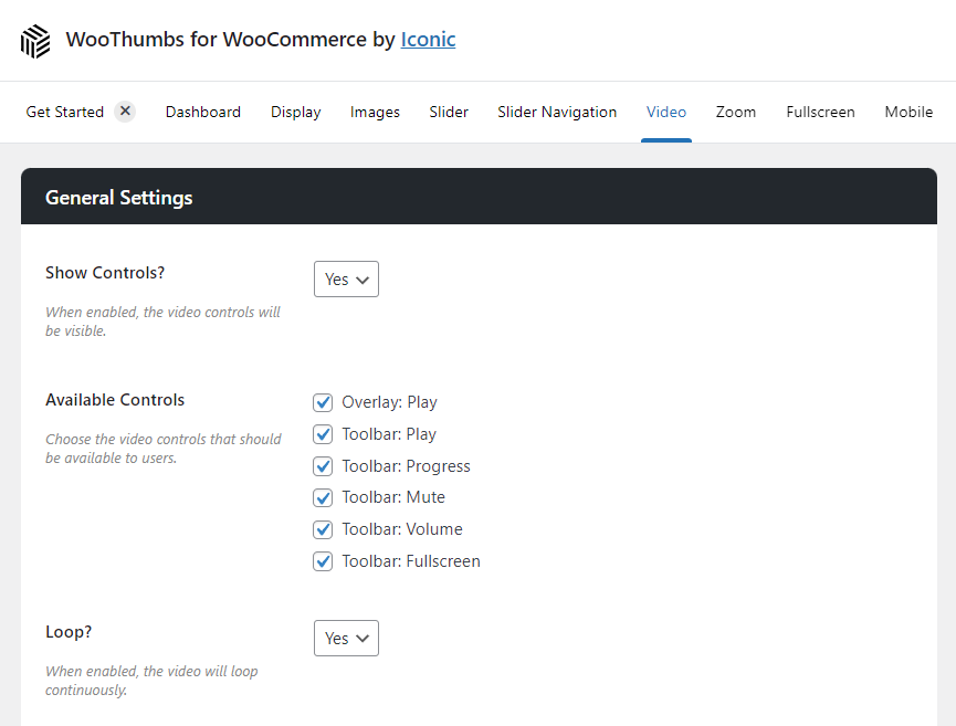 video control settings woocommerce woothumbs