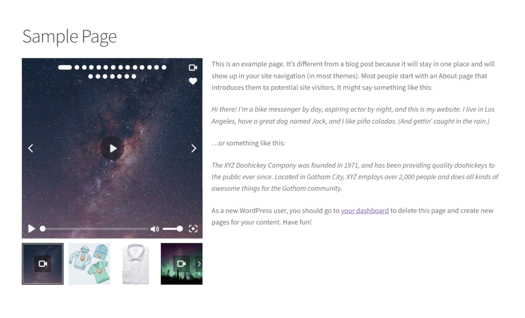 woothumbs product gallery in WordPress page