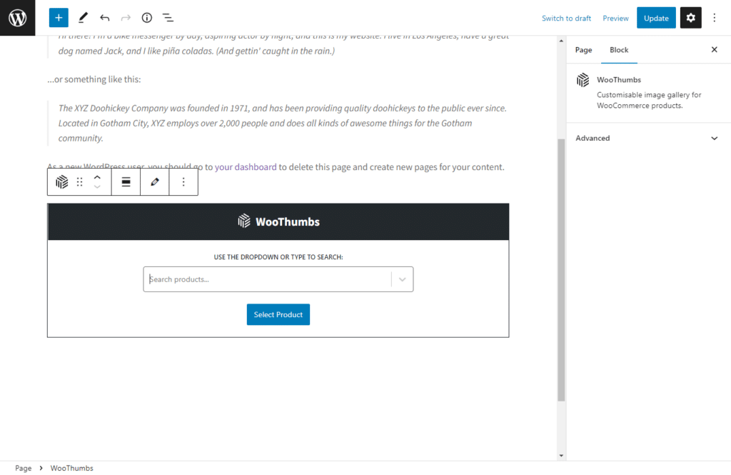 product gallery in a page WooCommerce