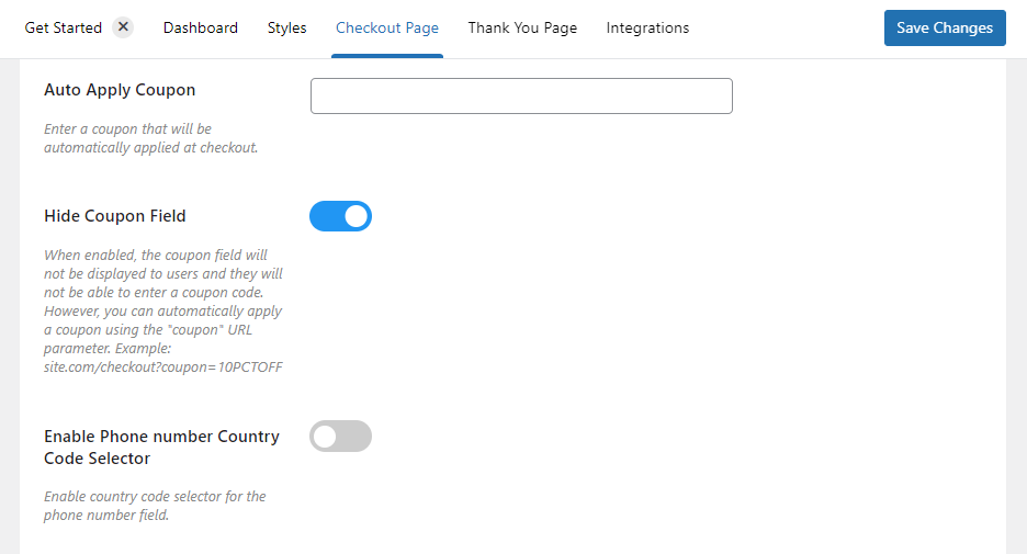 hide coupon field flux checkout