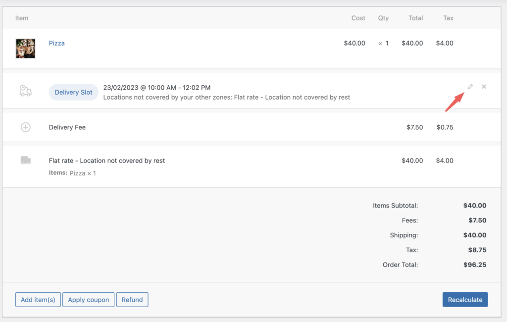 edit an existing time slot woocommerce
