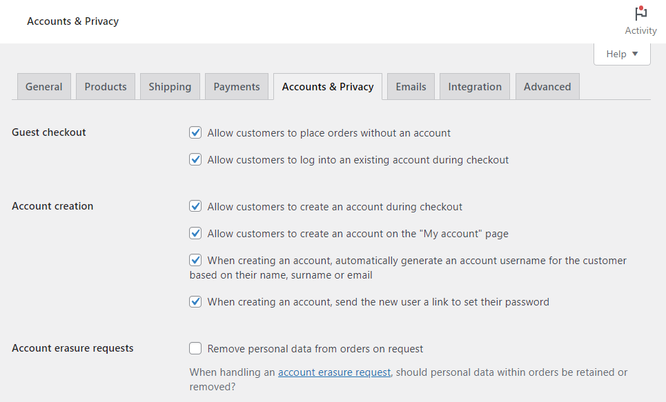 woocommerce account settings