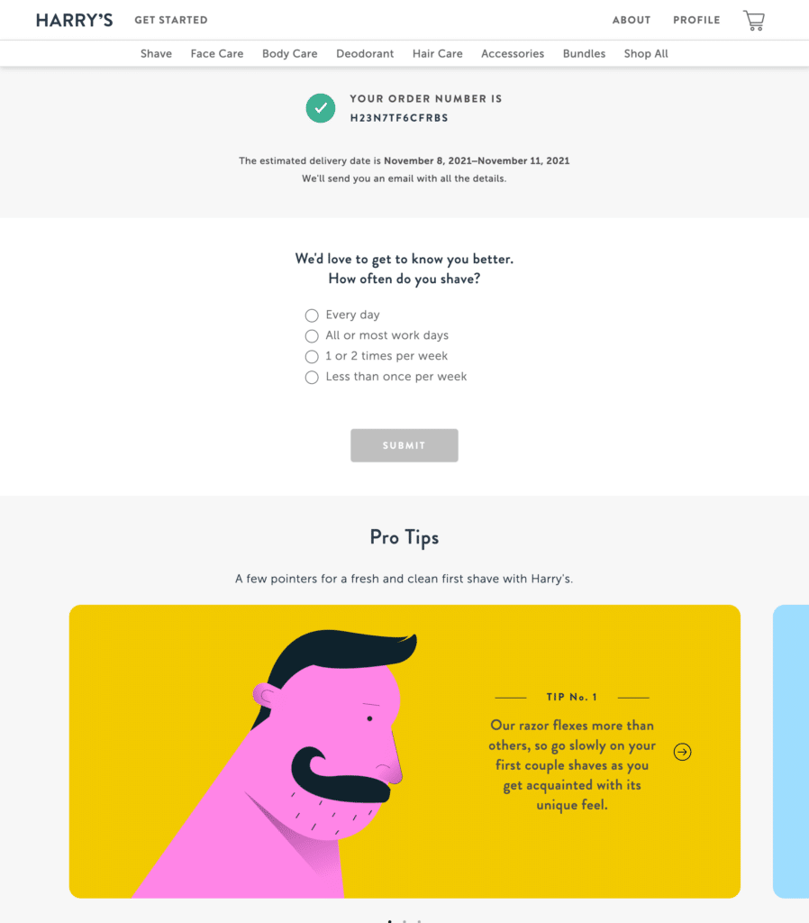Harry's order confirmation page