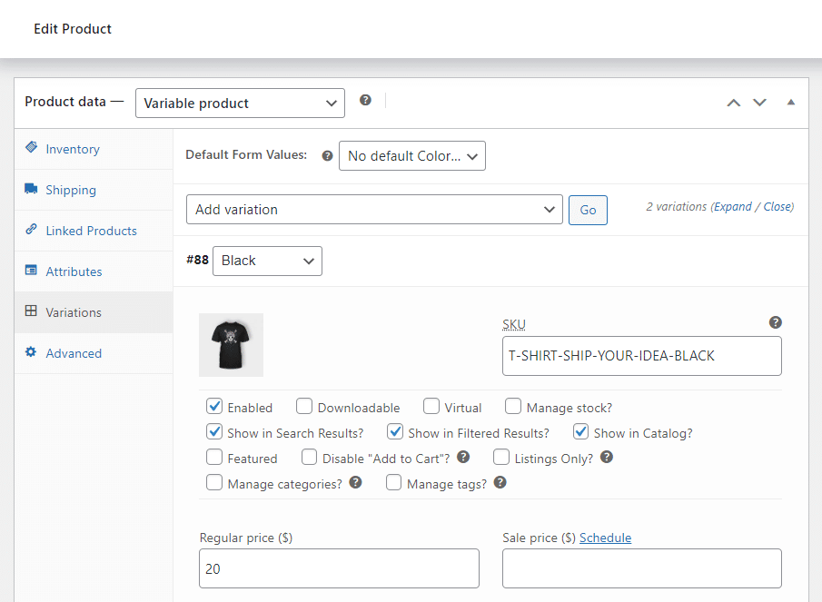 show single variation status