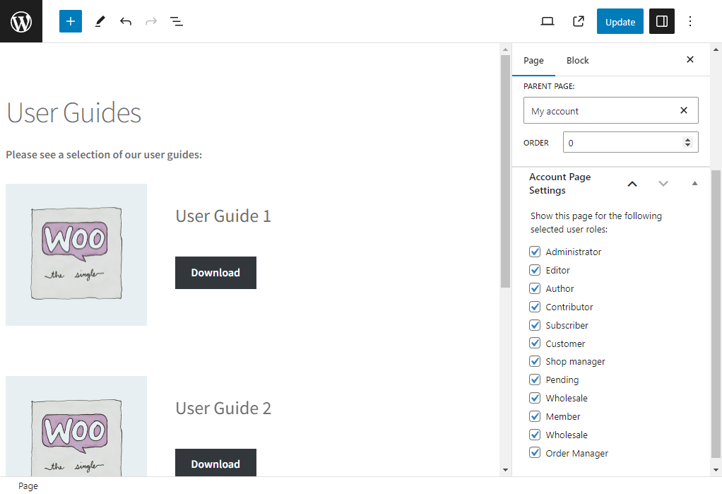 my account page user roles