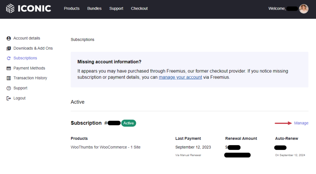 subscriptions page iconic account area