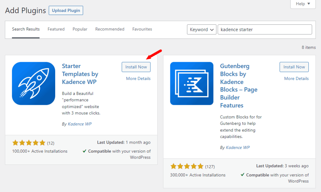 install kadence starter templates