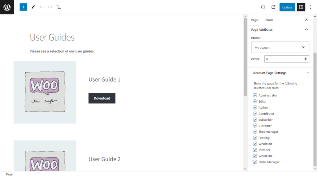 add new page my account area