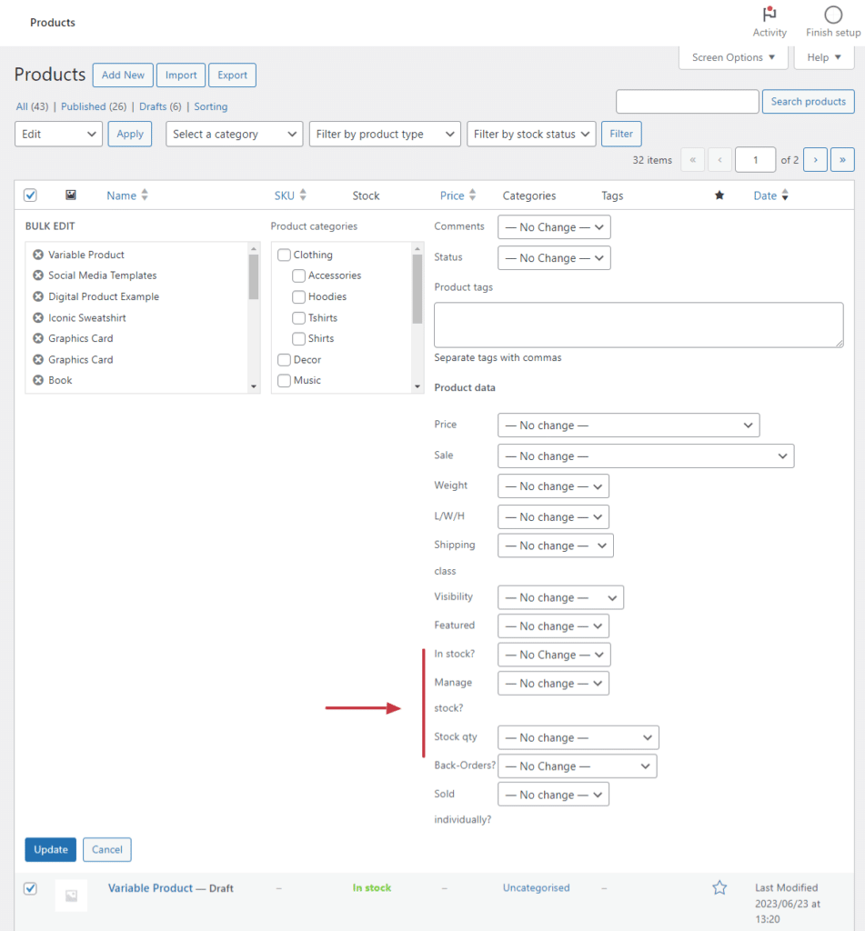 bulk edit stock status woocommerce