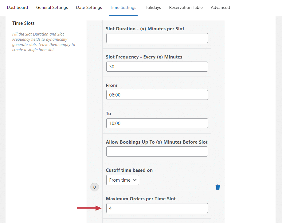maximum orders per time slot