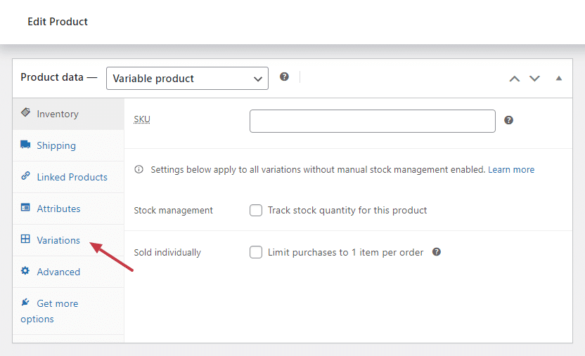 stock quantity variations tab