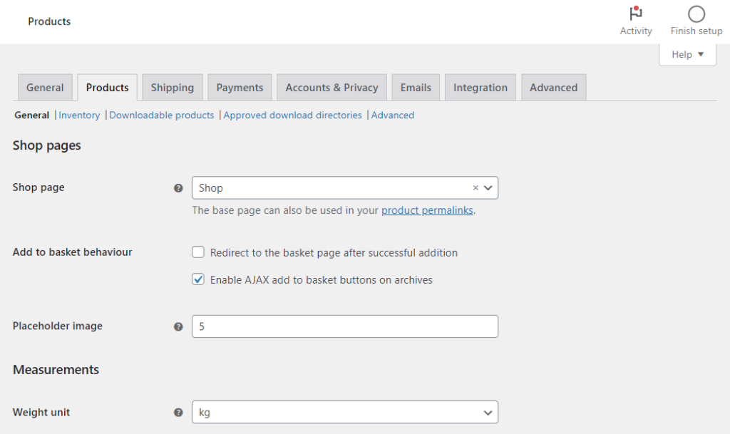 default woocommerce shop page settings