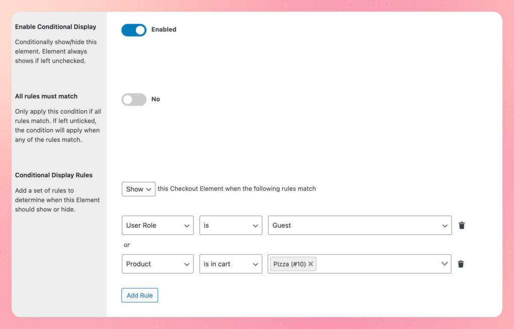 Flux checkout elements - conditional rules