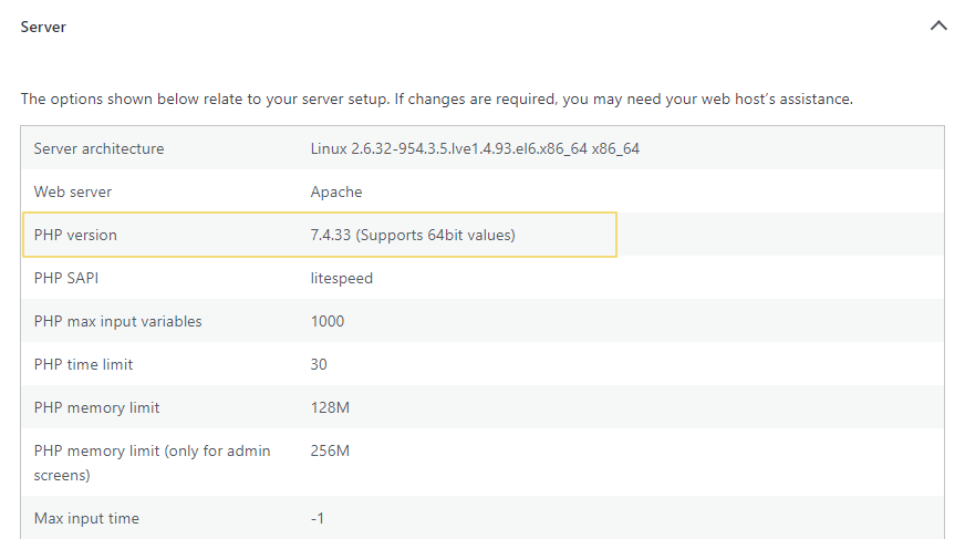 php version wordpress site