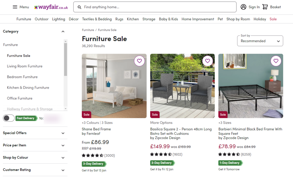wayfair category filters