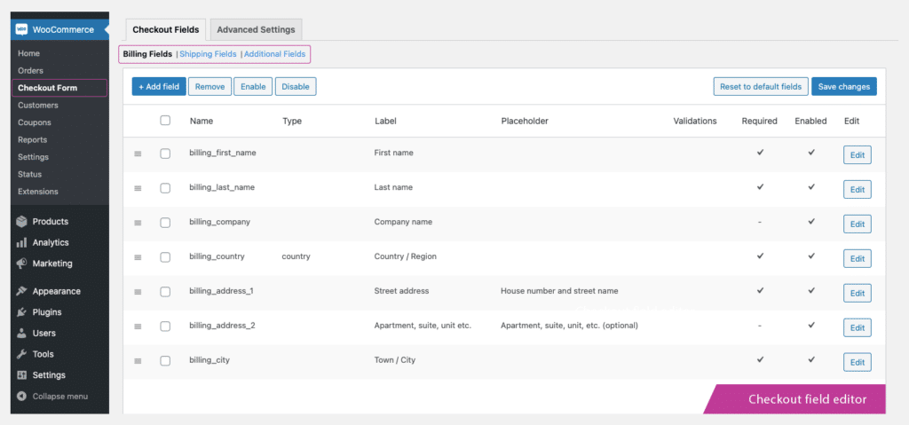 checkout field editor