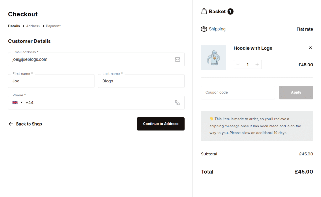 shipping message at checkout