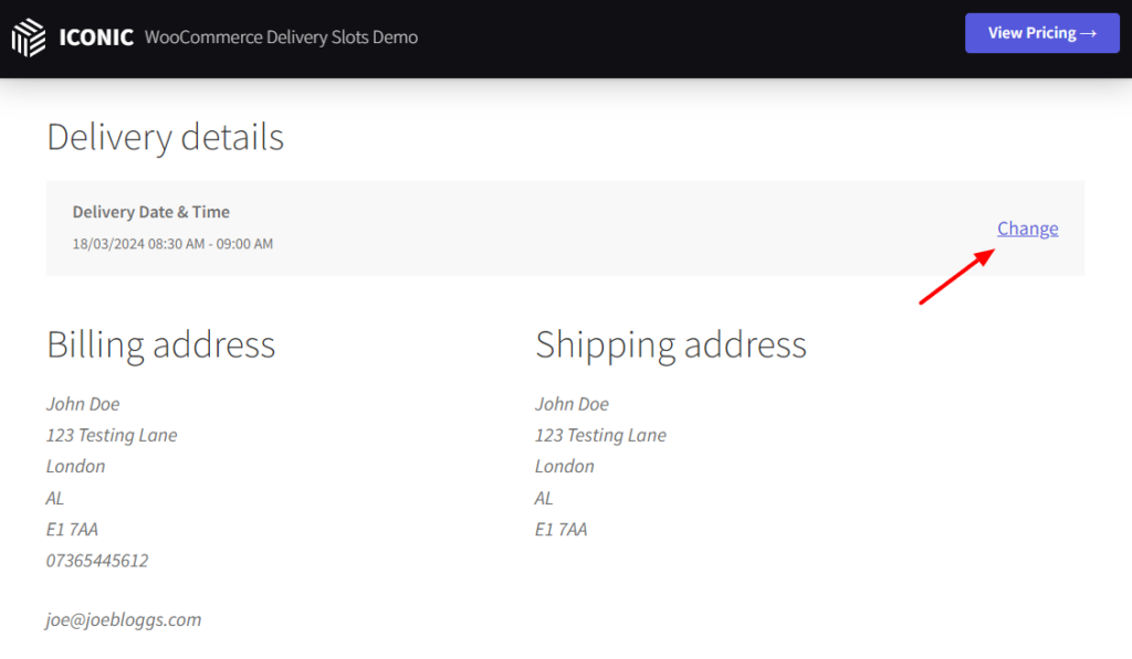change delivery time slot order received page