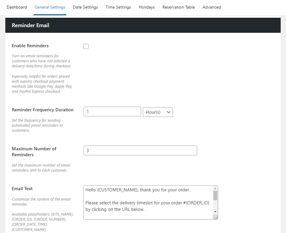 email reminder settingss delivery slots
