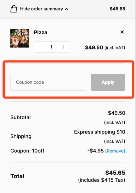 Flux checkout coupon field preview within order summary