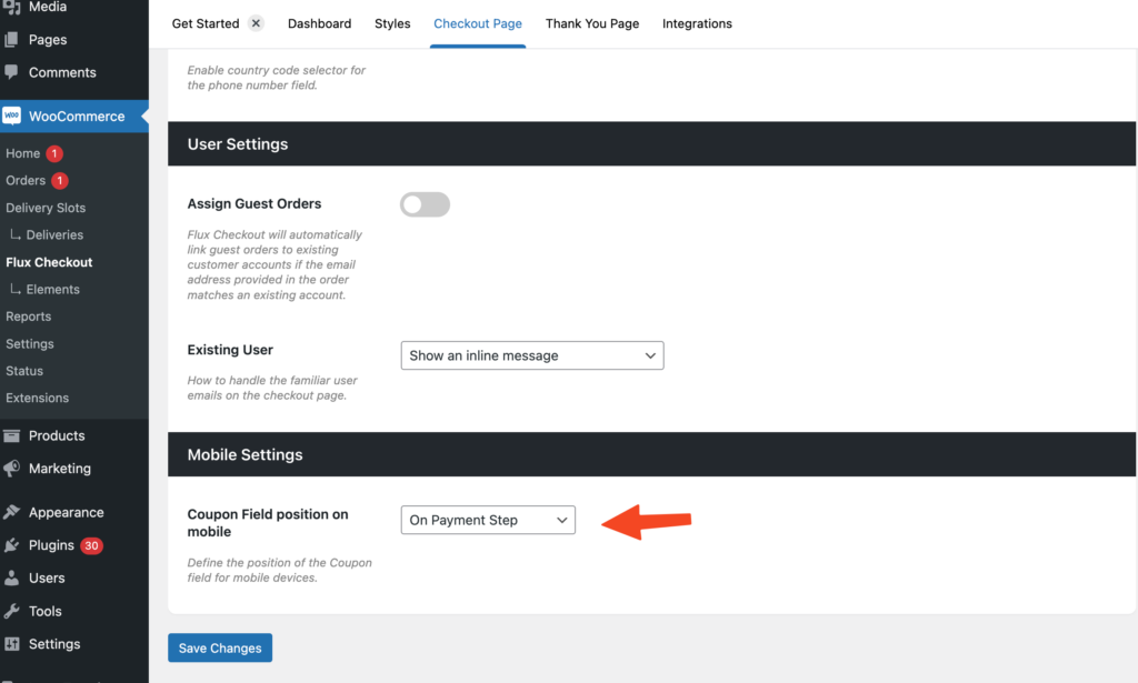 Flux checkout coupon field position on mobile setting