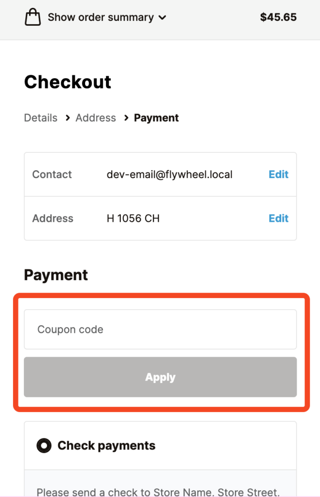 Flux checkout Coupon form preview on Payment step