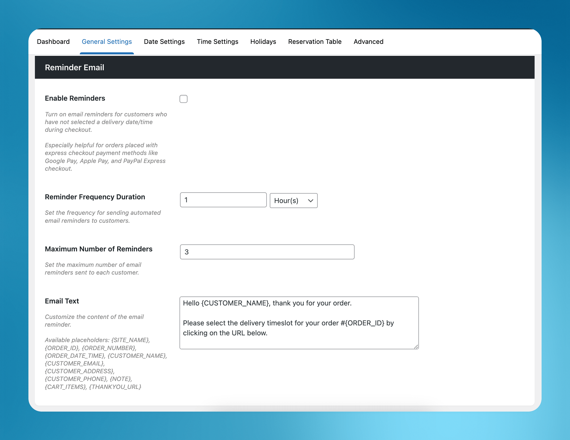 settings for the WooCommerce reminder email 